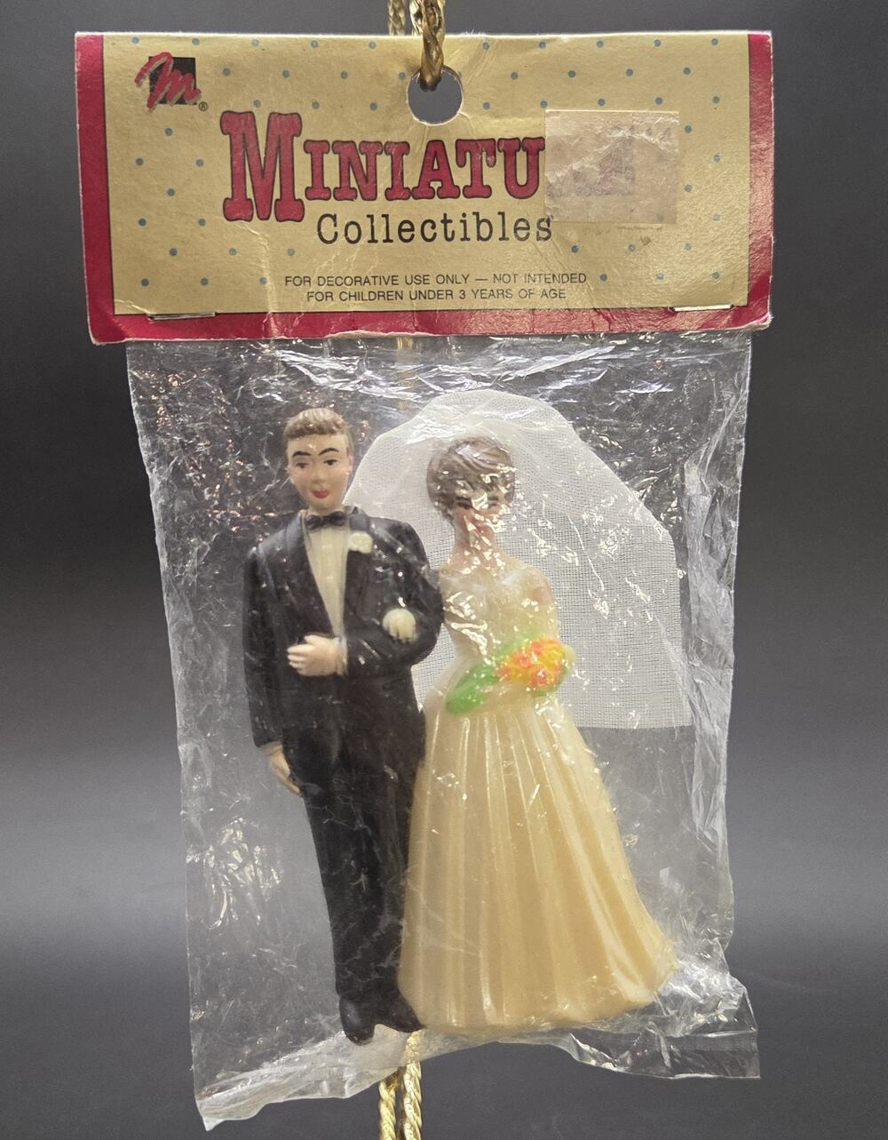 Vintage Wedding Cake Topper 3 1/2" Tall Black Tuxedo Brown Hair Pink Flowers